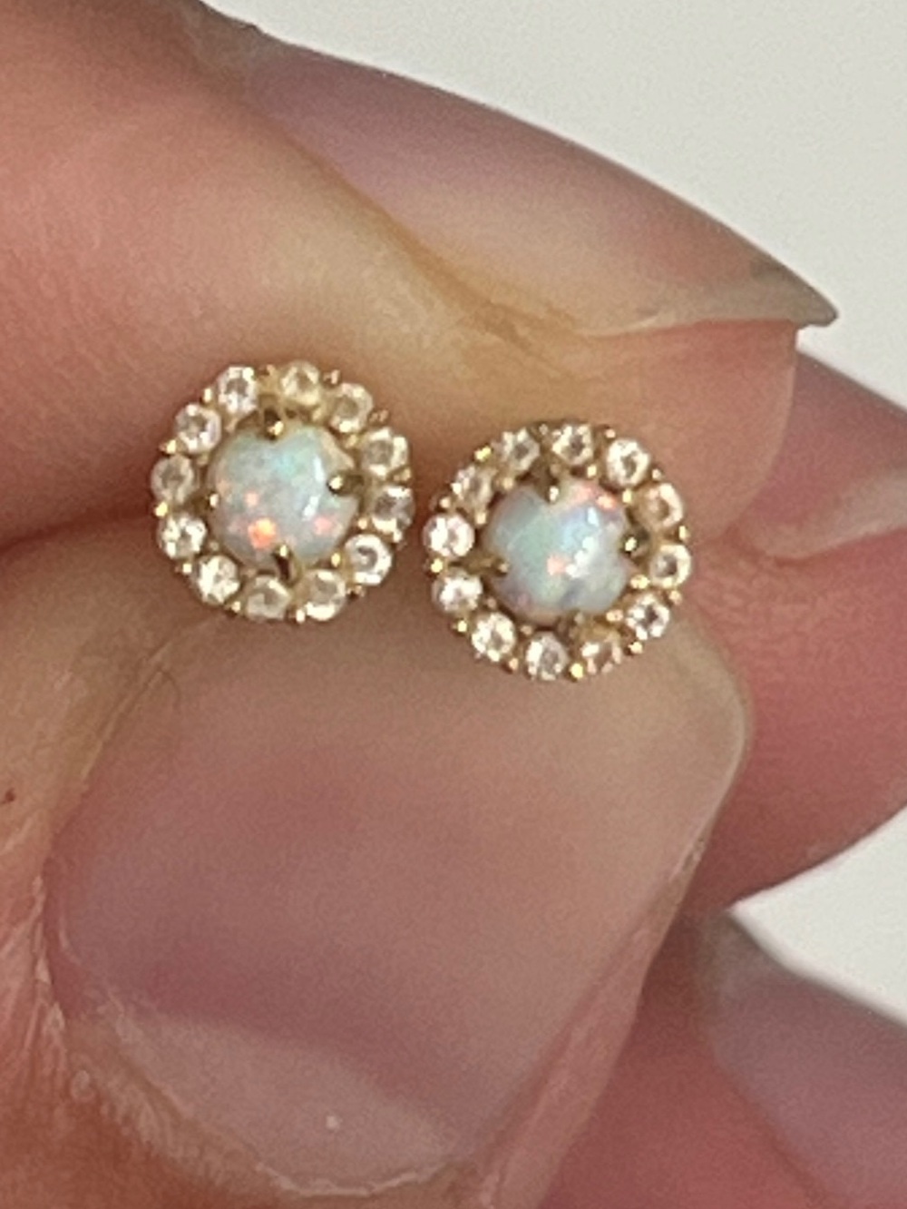 Gold Opal Halo Stud Earrings - White Opal Accent